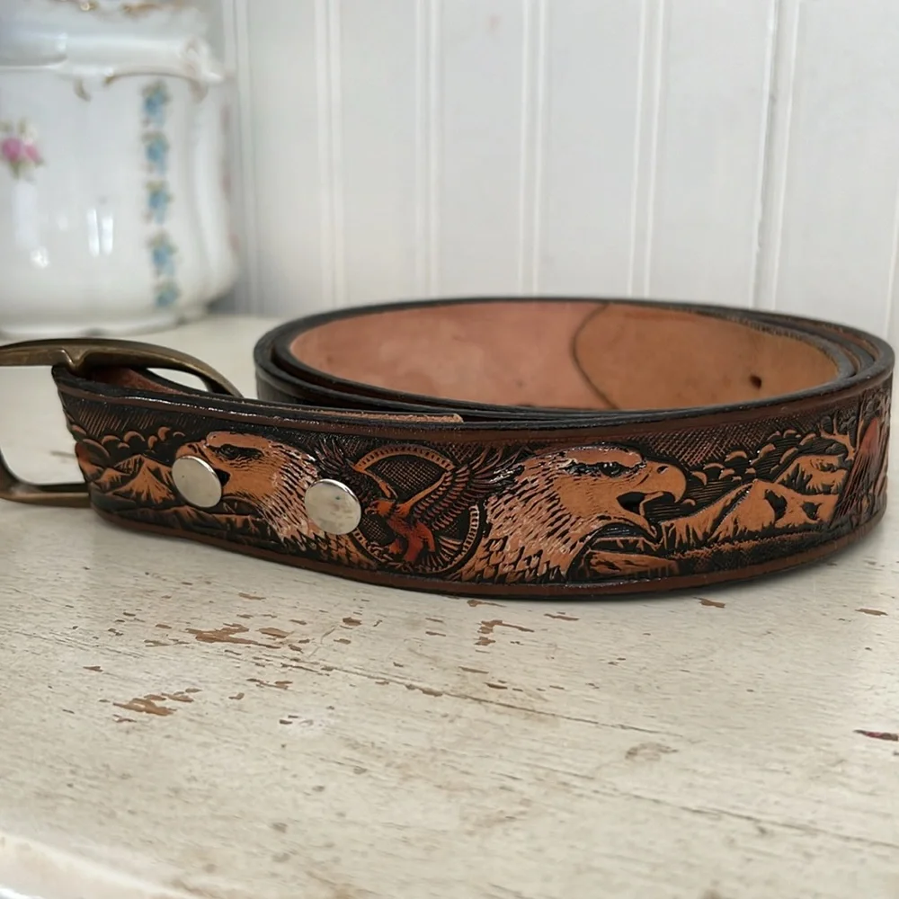 Vintage handmade tooled leather Eagle & mountains belt brass buckle 44”-48”